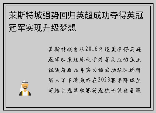 莱斯特城强势回归英超成功夺得英冠冠军实现升级梦想